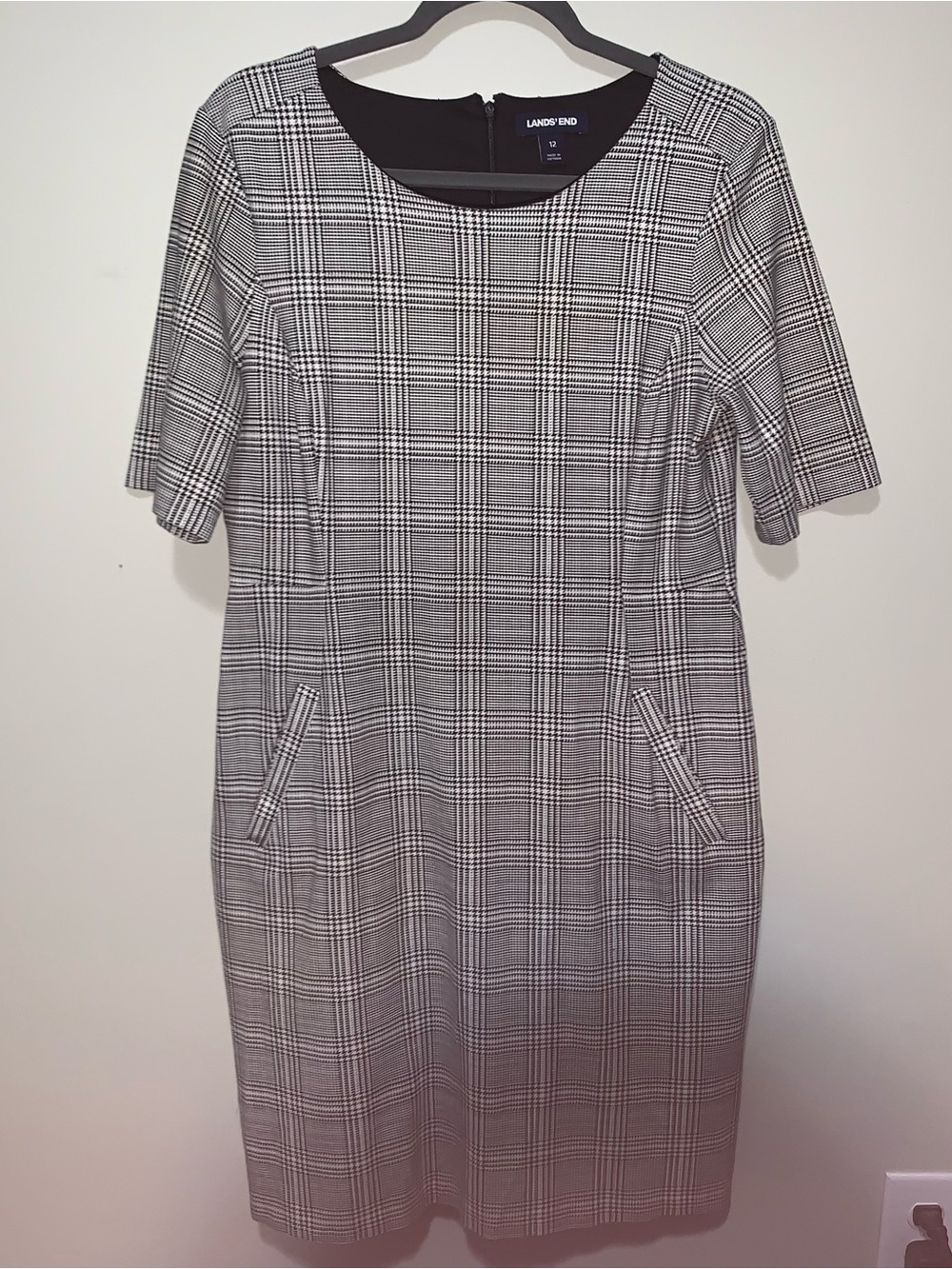 Lands' End Black and White Plaid Herringbone Midi Dress